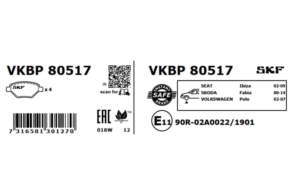 Jogo de 4 pastilhas de travão SKF ref. VKBP 80517